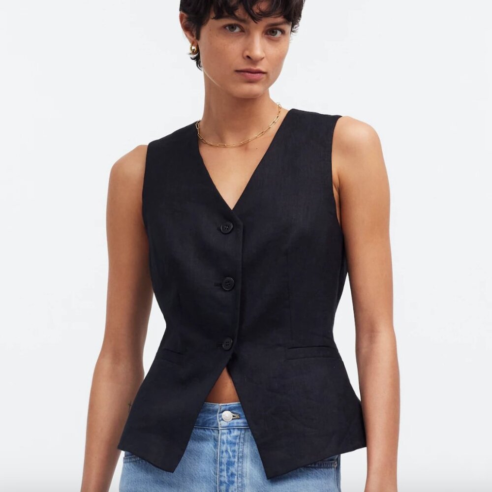 Madewell Black Cutaway Long Linen Vest Size 10
